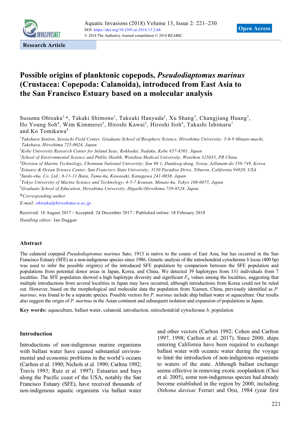 Possible Origins of Planktonic Copepods, Pseudodiaptomus Marinus