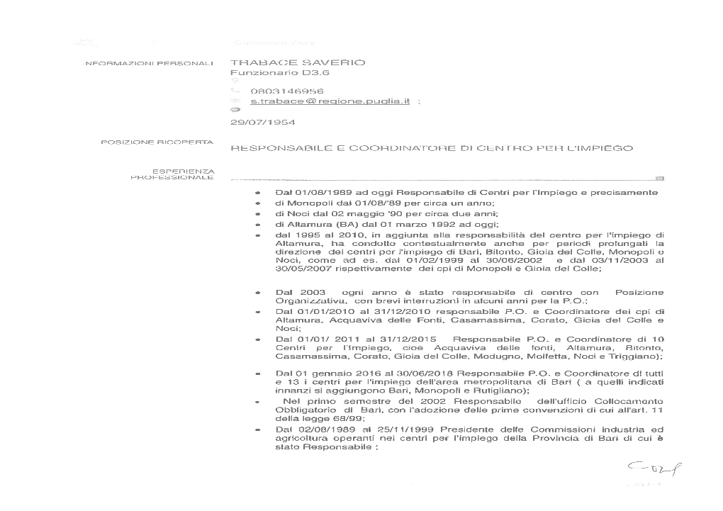 TRABACE SAVERIO Funzionario D3.6 0803146956 S.Trabace@ Repione.Puglia.It 29/07/1954 RESPONSABILE E COORDINATORE DI CENTRO PER L