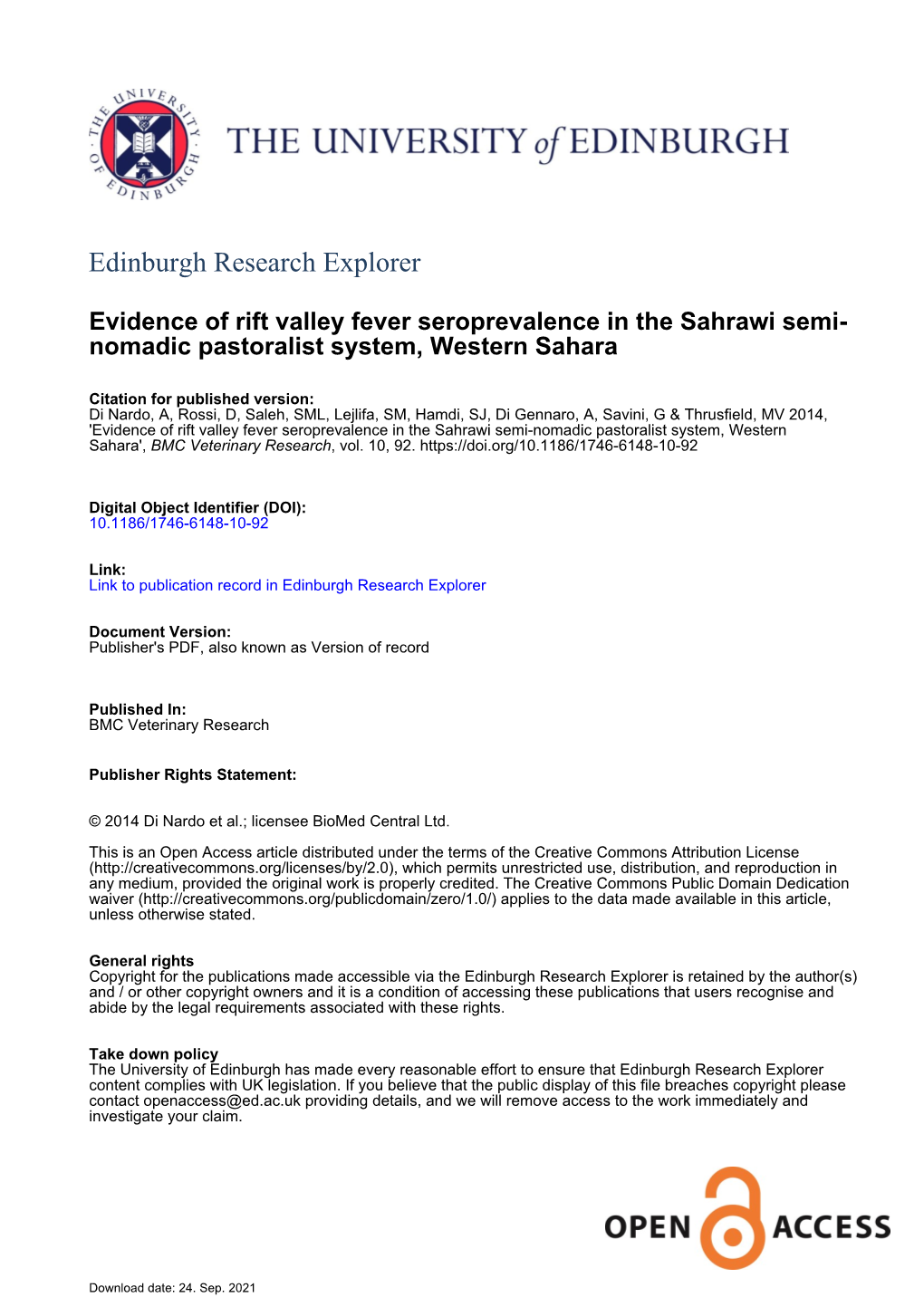 Evidence of Rift Valley Fever Seroprevalence in the Sahrawi Semi- Nomadic Pastoralist System, Western Sahara