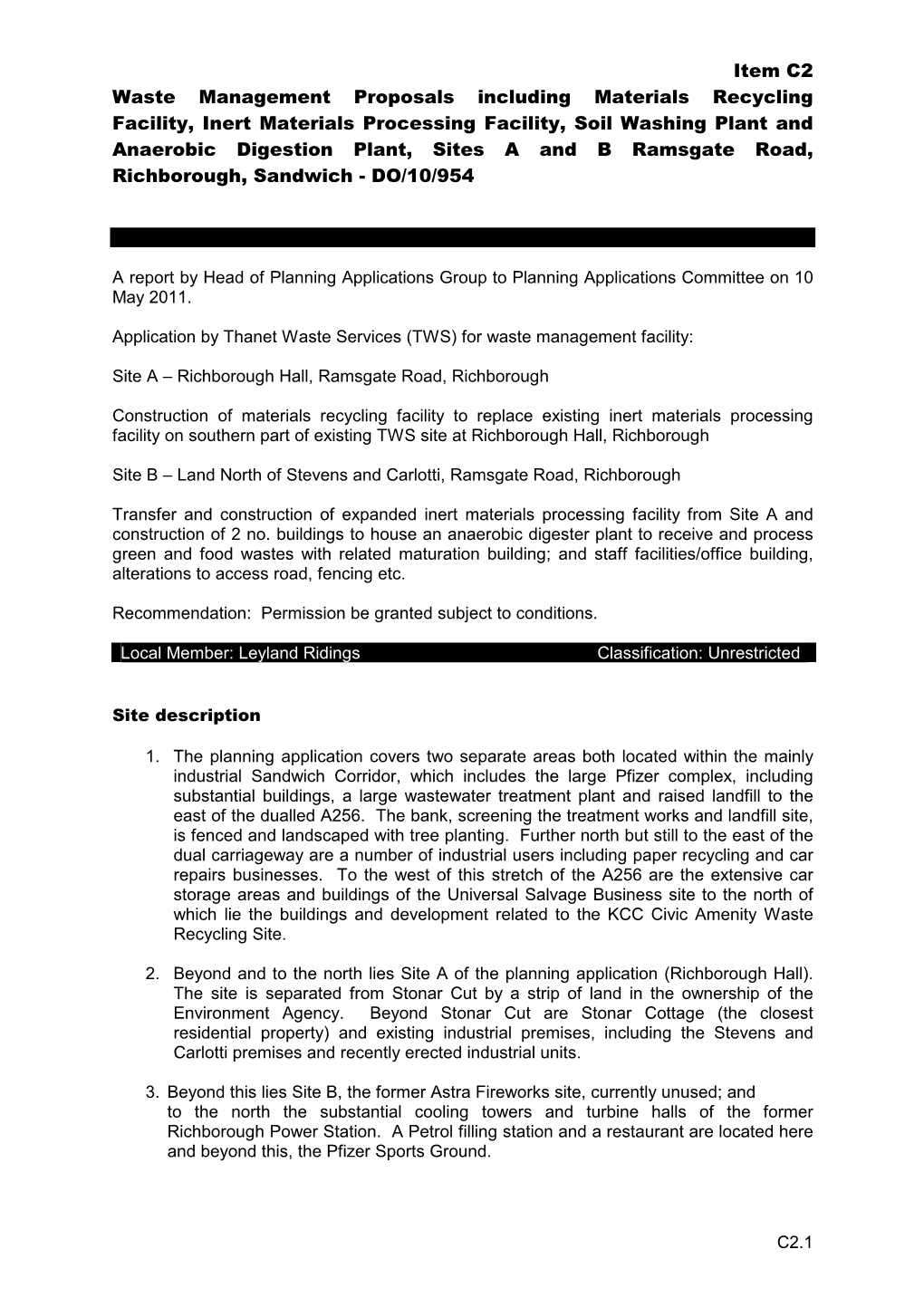 Item C2 Waste Management Proposals Including Materials Recycling Facility, Inert Materials Processing Facility, Soil Washing