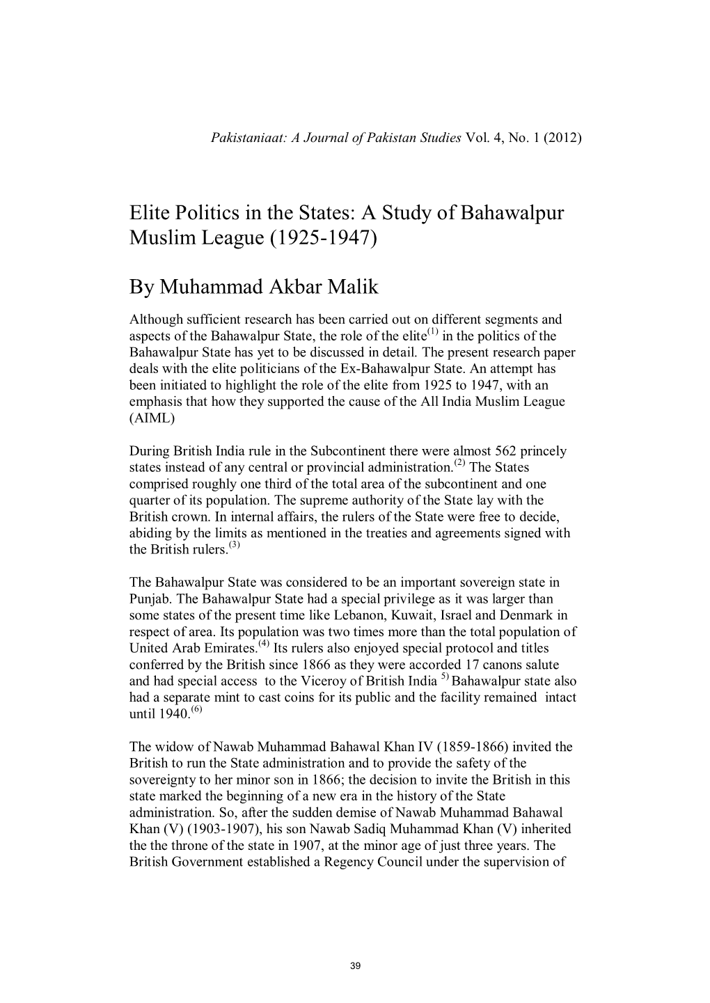 Elite Politics in the States: a Study of Bahawalpur Muslim League (1925-1947)