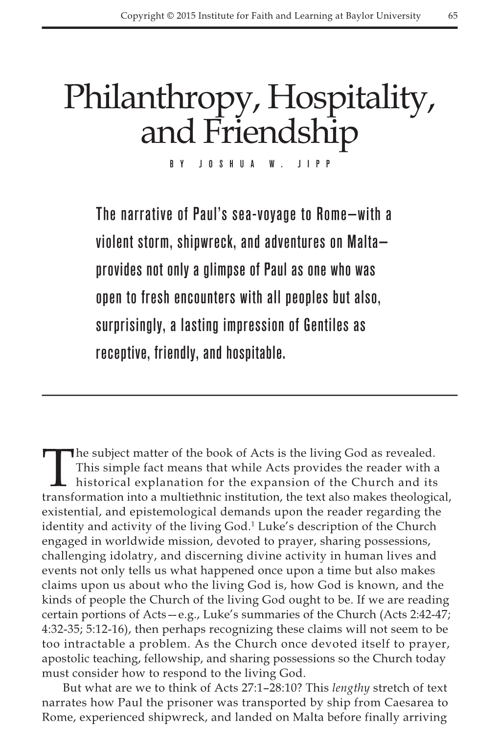 Philanthropy, Hospitality, and Friendship by Joshua W