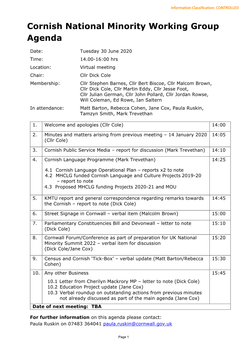 Cornish National Minority Working Group Agenda