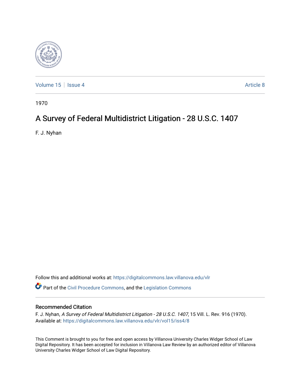 A Survey of Federal Multidistrict Litigation - 28 U.S.C