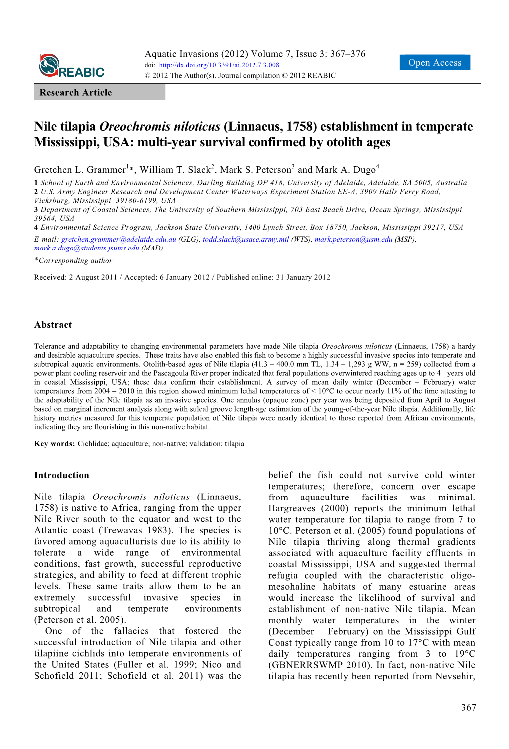 Nile Tilapia Oreochromis Niloticus (Linnaeus, 1758) Establishment in Temperate Mississippi, USA: Multi-Year Survival Confirmed by Otolith Ages