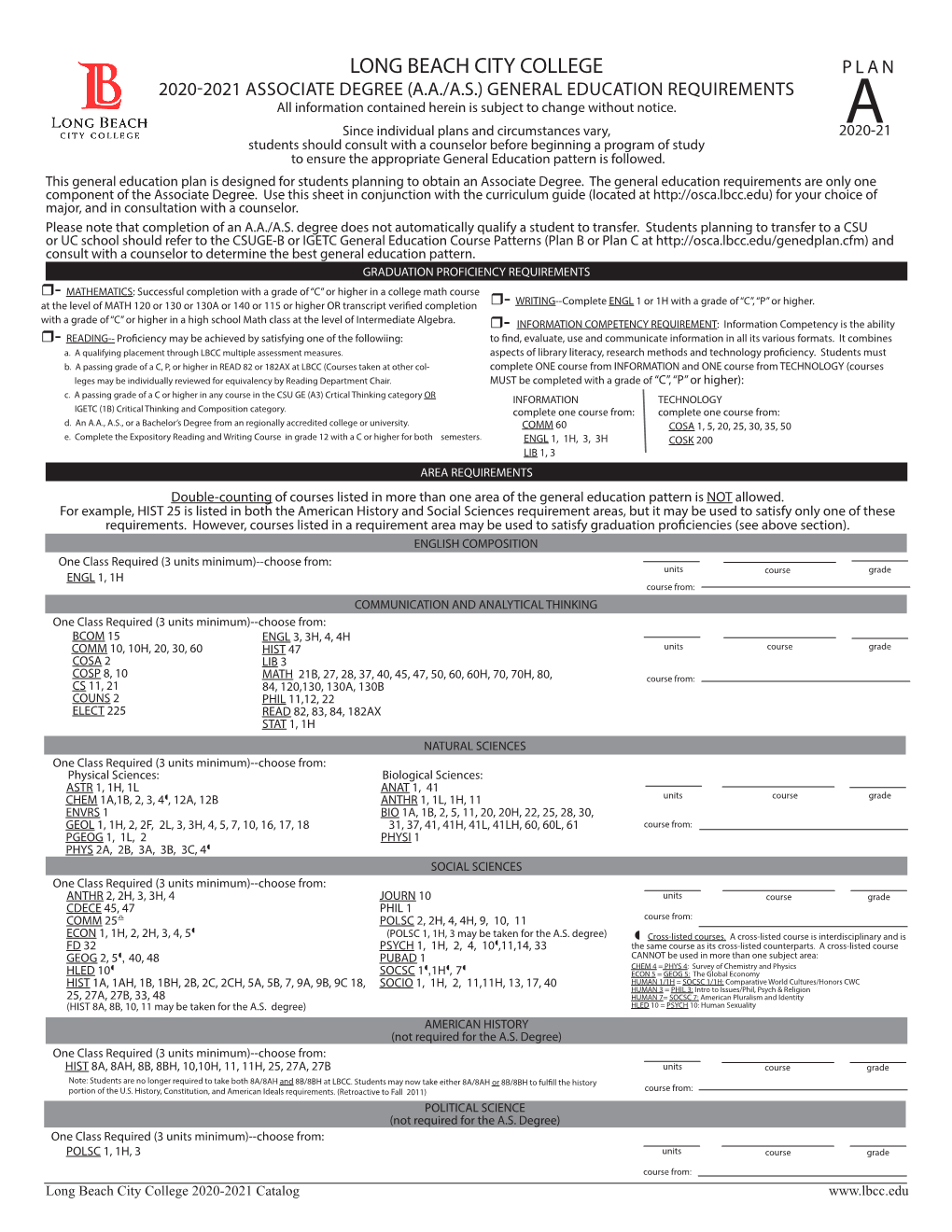 Plan a Course Pattern, 2020-2021