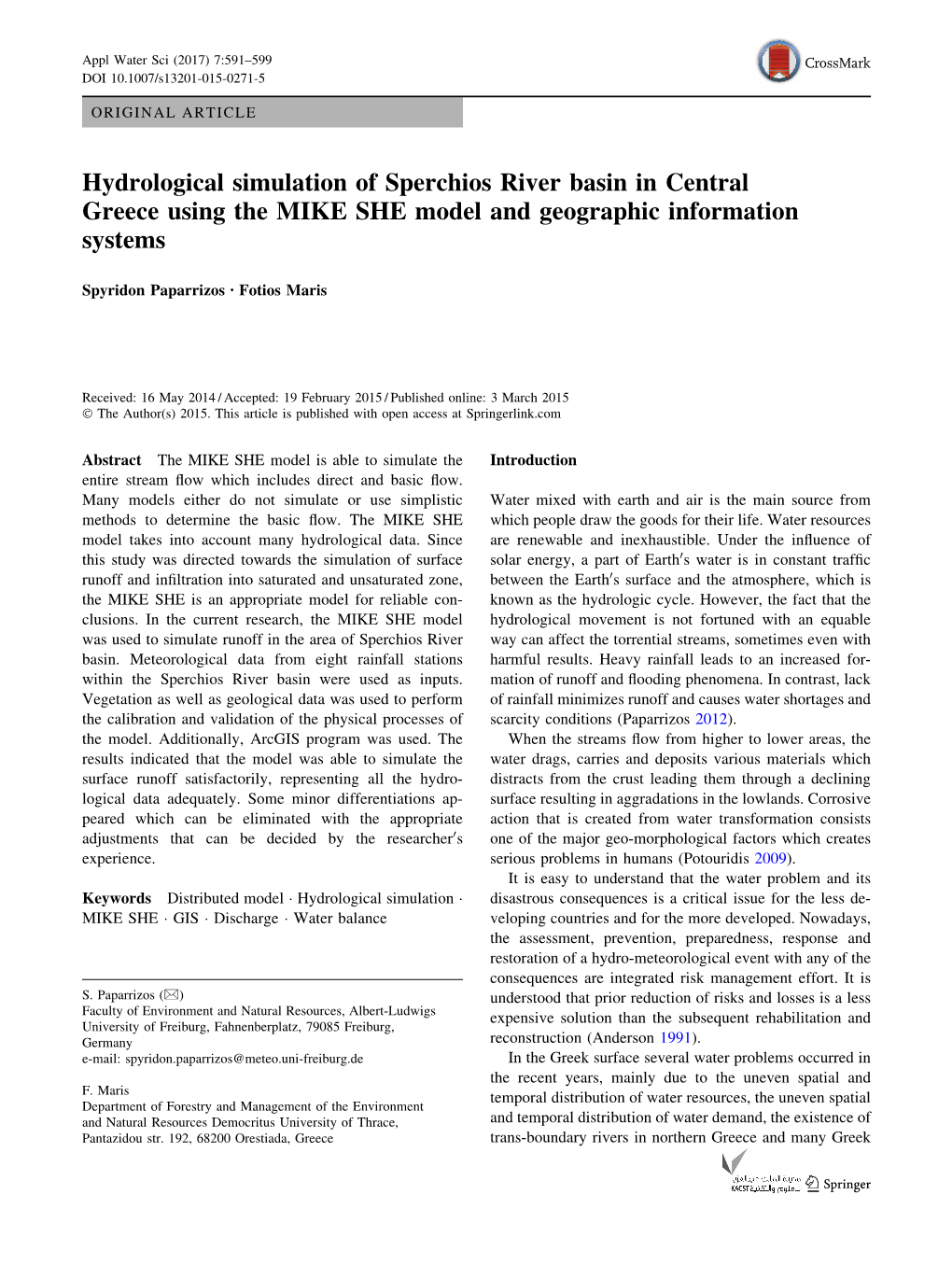 Hydrological Simulation of Sperchios River Basin in Central Greece Using the MIKE SHE Model and Geographic Information Systems