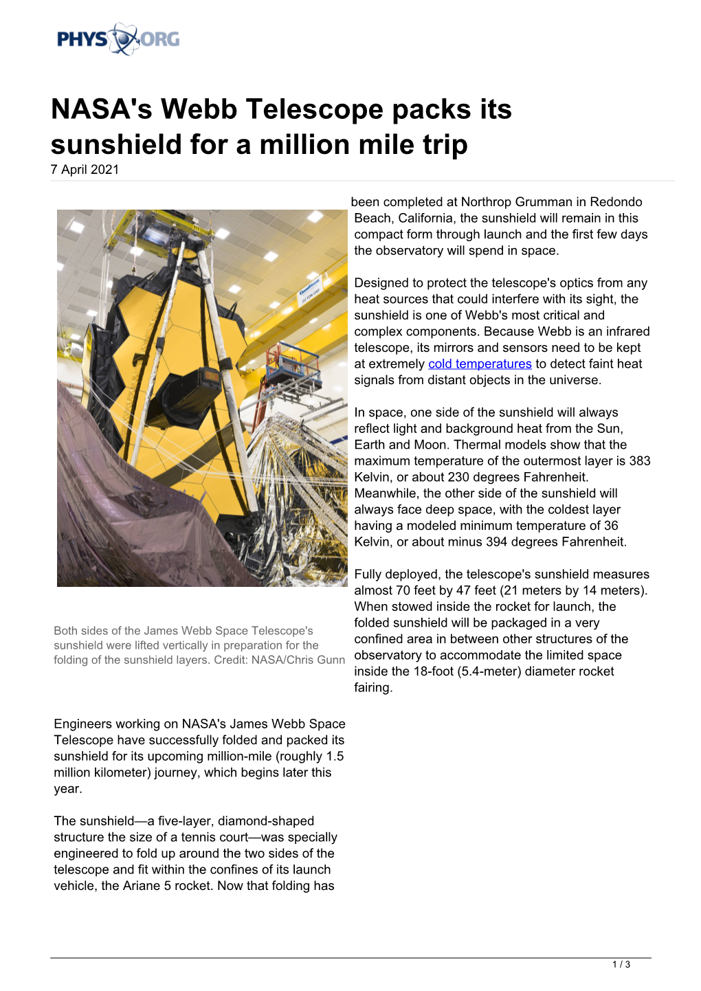 NASA's Webb Telescope Packs Its Sunshield for a Million Mile Trip 7 April 2021