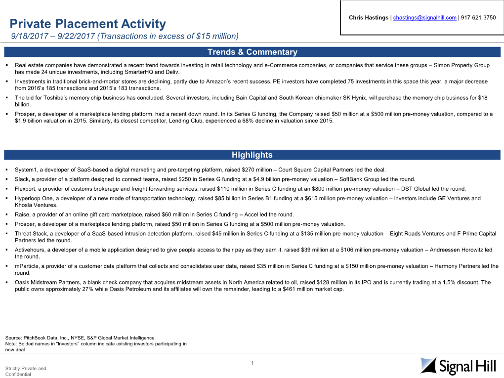 Private Placement Activity 9/18/2017 – 9/22/2017 (Transactions in Excess of $15 Million) Trends & Commentary