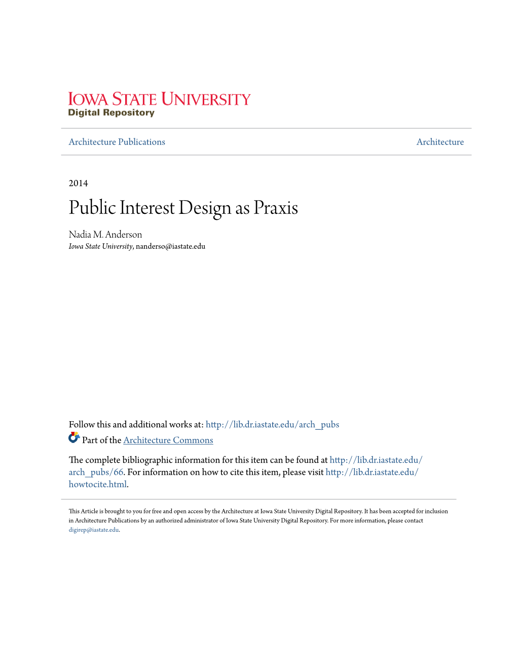 Public Interest Design As Praxis Nadia M