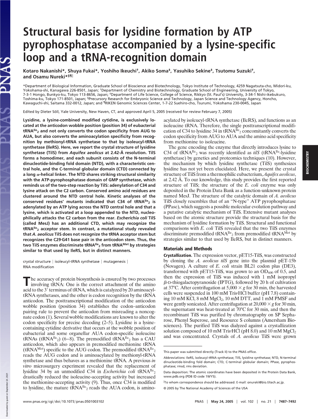 Structural Basis for Lysidine Formation by ATP Pyrophosphatase Accompanied by a Lysine-Specific Loop and a Trna-Recognition Domain