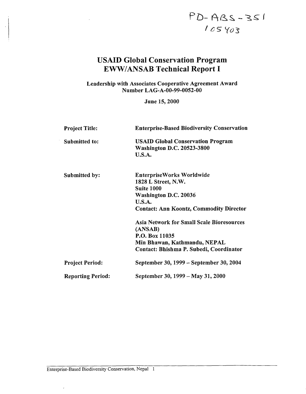 USAID Global Conservation Program EWW/ANSAB Technical Report I