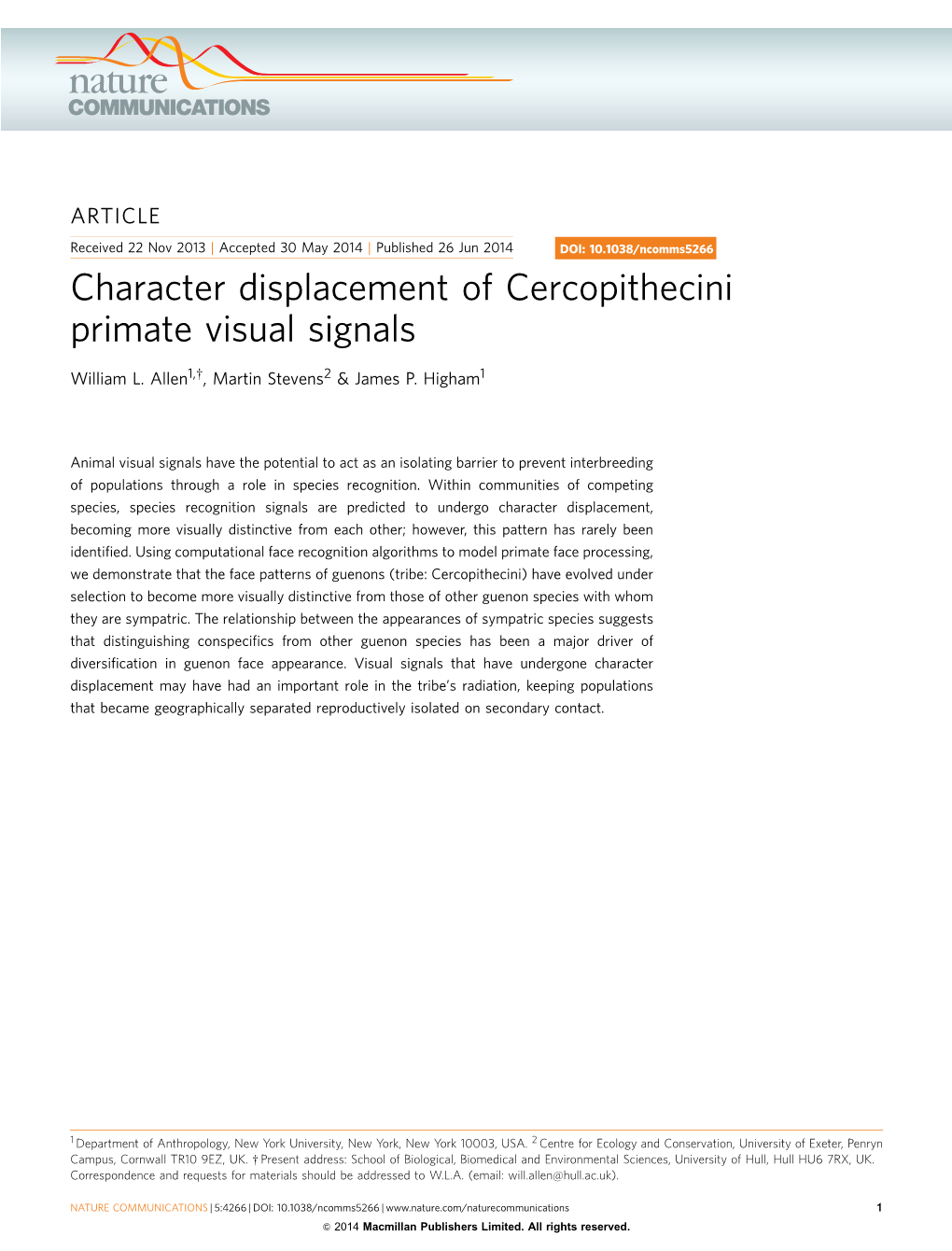 Character Displacement of Cercopithecini Primate Visual Signals