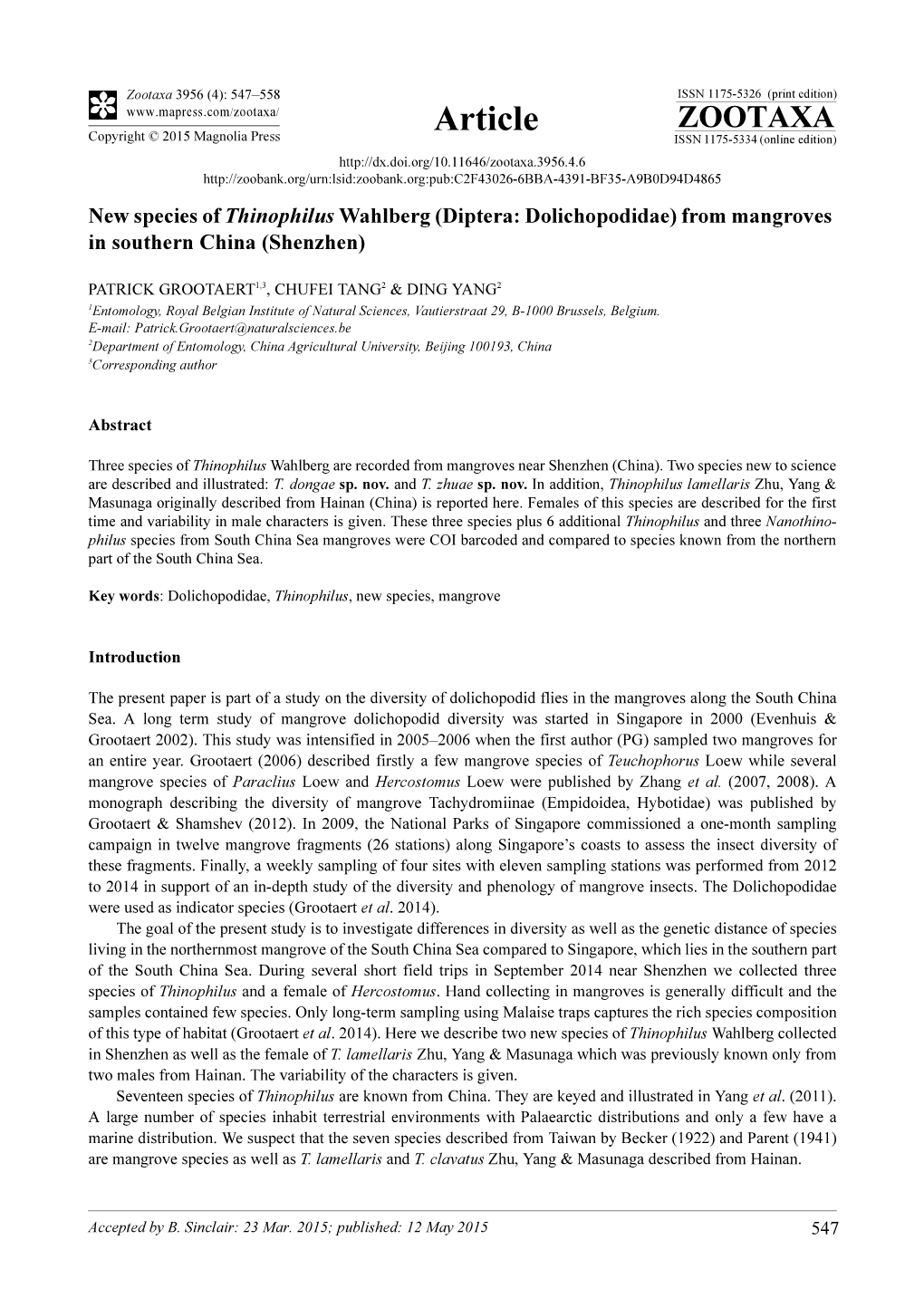 Diptera: Dolichopodidae) from Mangroves in Southern China (Shenzhen)