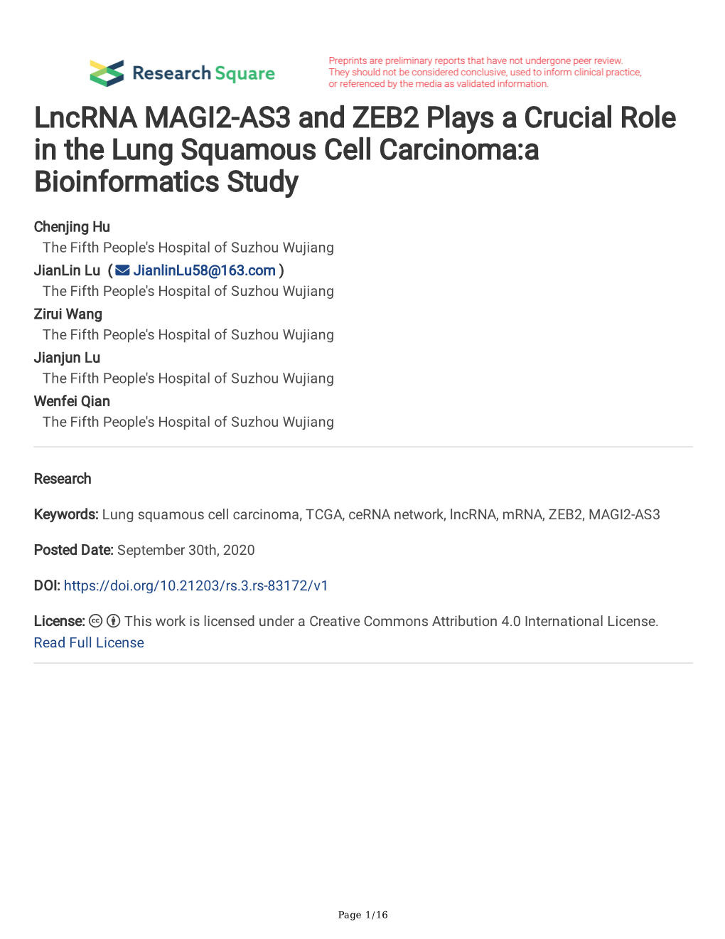 Lncrna MAGI2-AS3 and ZEB2 Plays a Crucial Role in the Lung Squamous Cell Carcinoma:A Bioinformatics Study