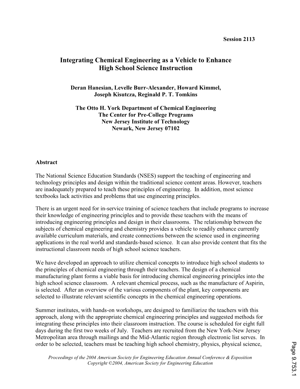 Integrating Chemical Engineering As a Vehicle to Enhance High School Science Instruction