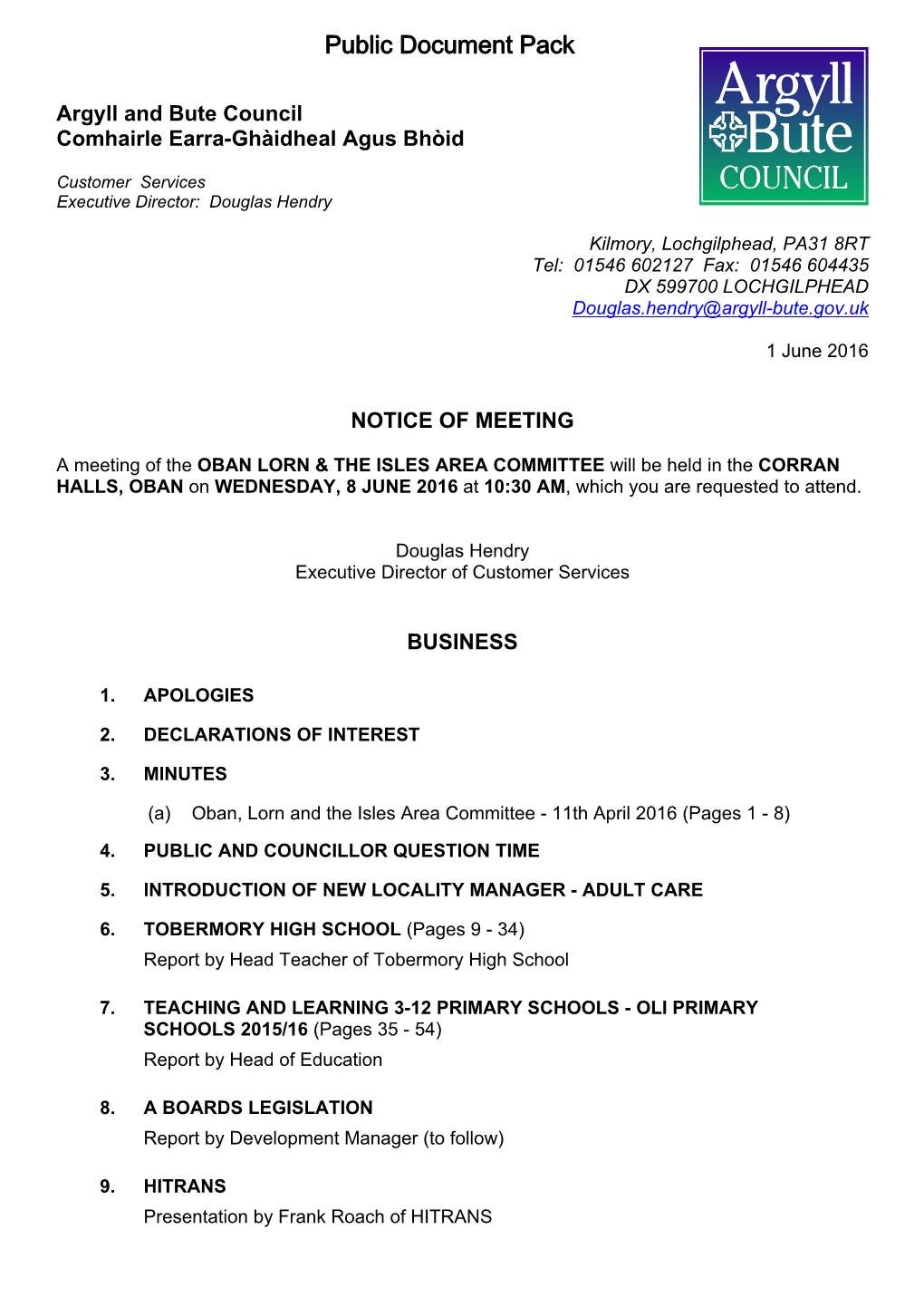 Agenda Document for Oban Lorn & the Isles Area Committee, 08/06