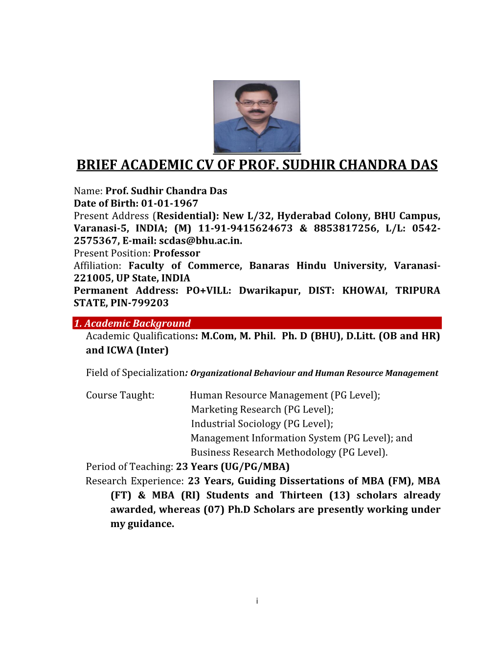 Brief Academic Cv of Prof. Sudhir Chandra Das