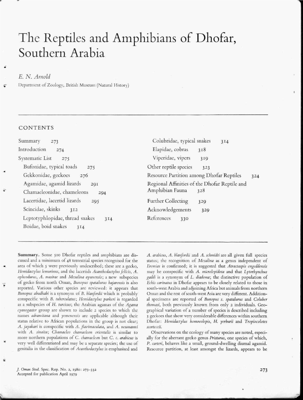 The Reptiles and Amphibians of Dhofar, Southern Arabia