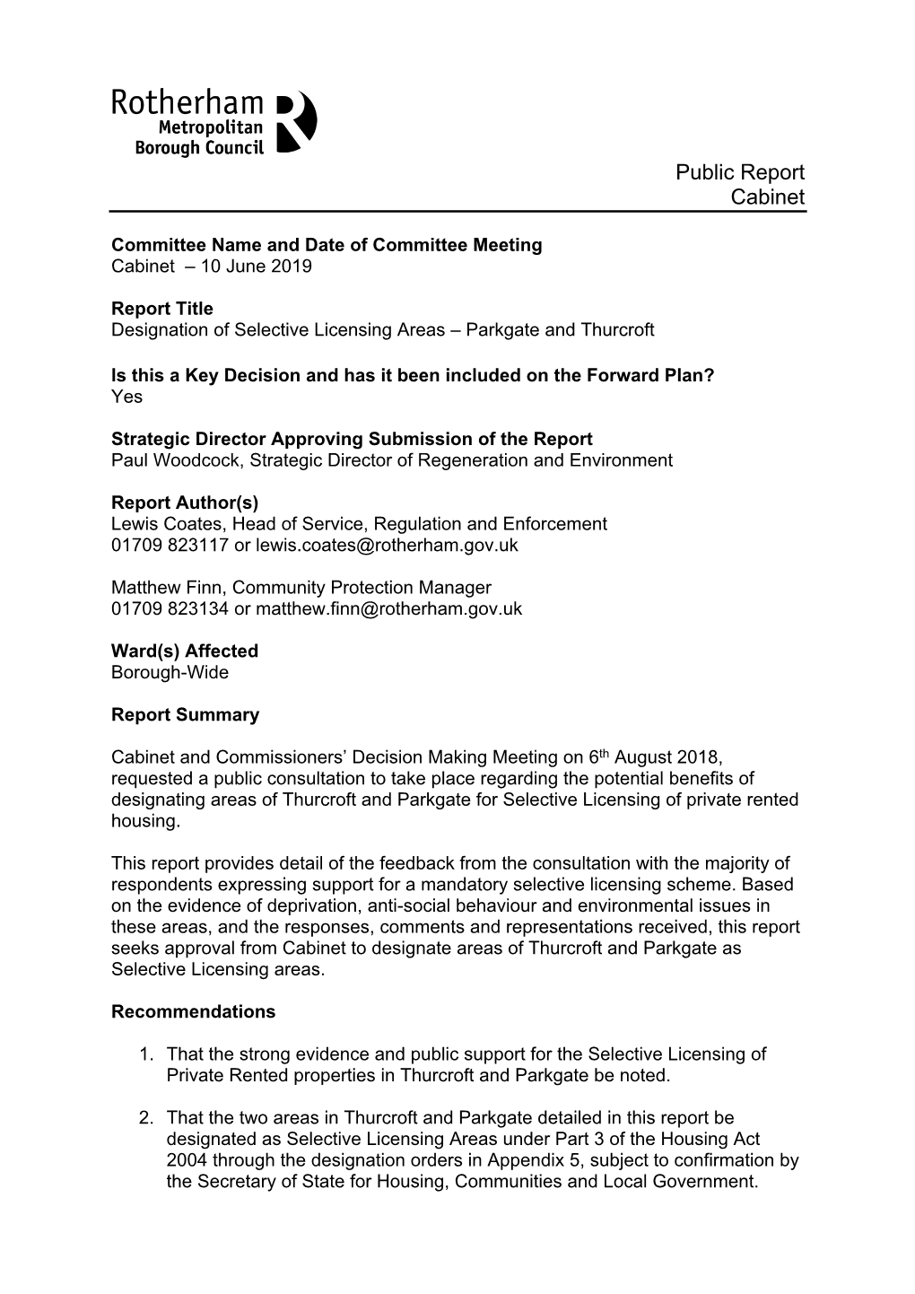 Designation of Selective Licensing Areas – Parkgate and Thurcroft