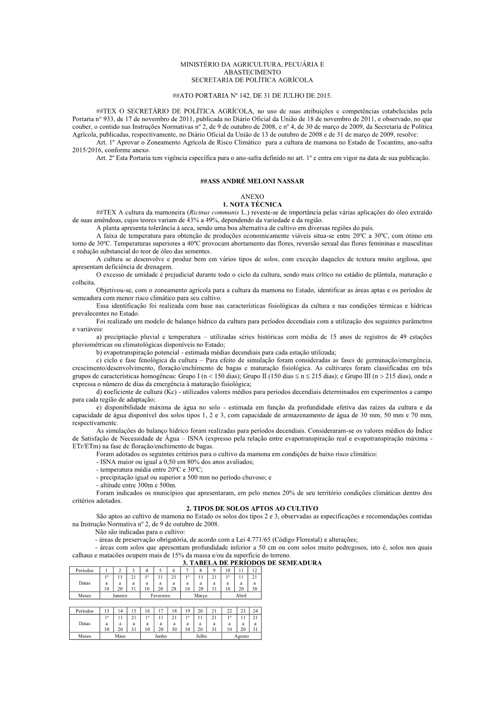 Ministério Da Agricultura, Pecuária E Abastecimento Secretaria De Política Agrícola