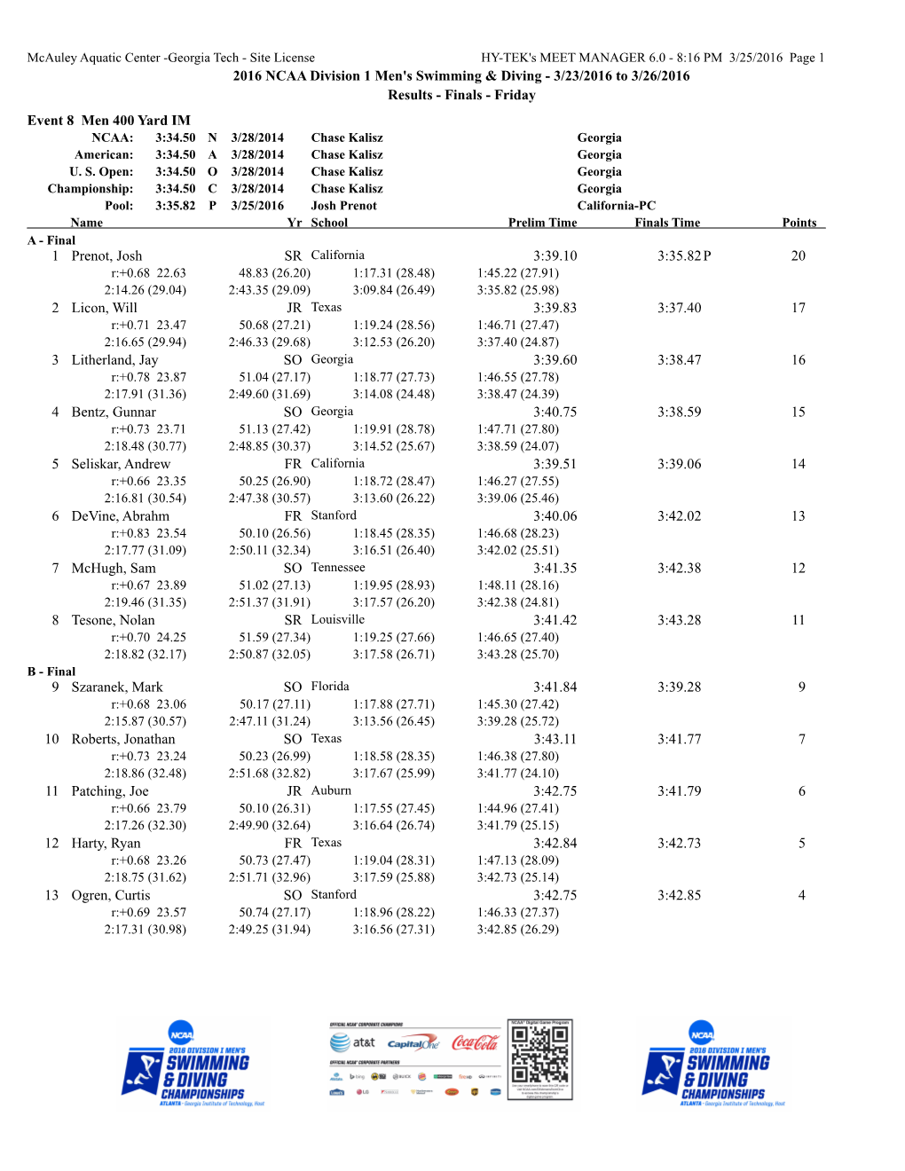 2016 NCAA Division 1 Men's Swimming & Diving