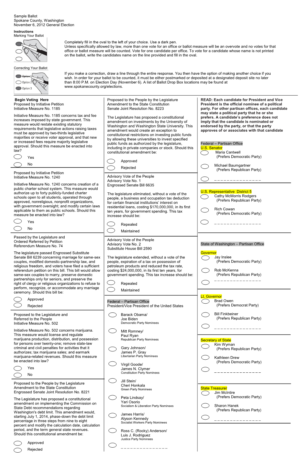 Sample Ballot Spokane County, Washington November 6, 2012 General Election