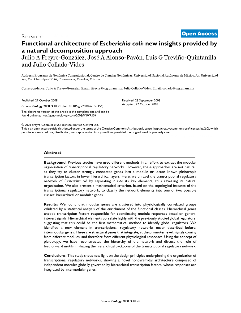 Functional Architecture of Escherichia Coli