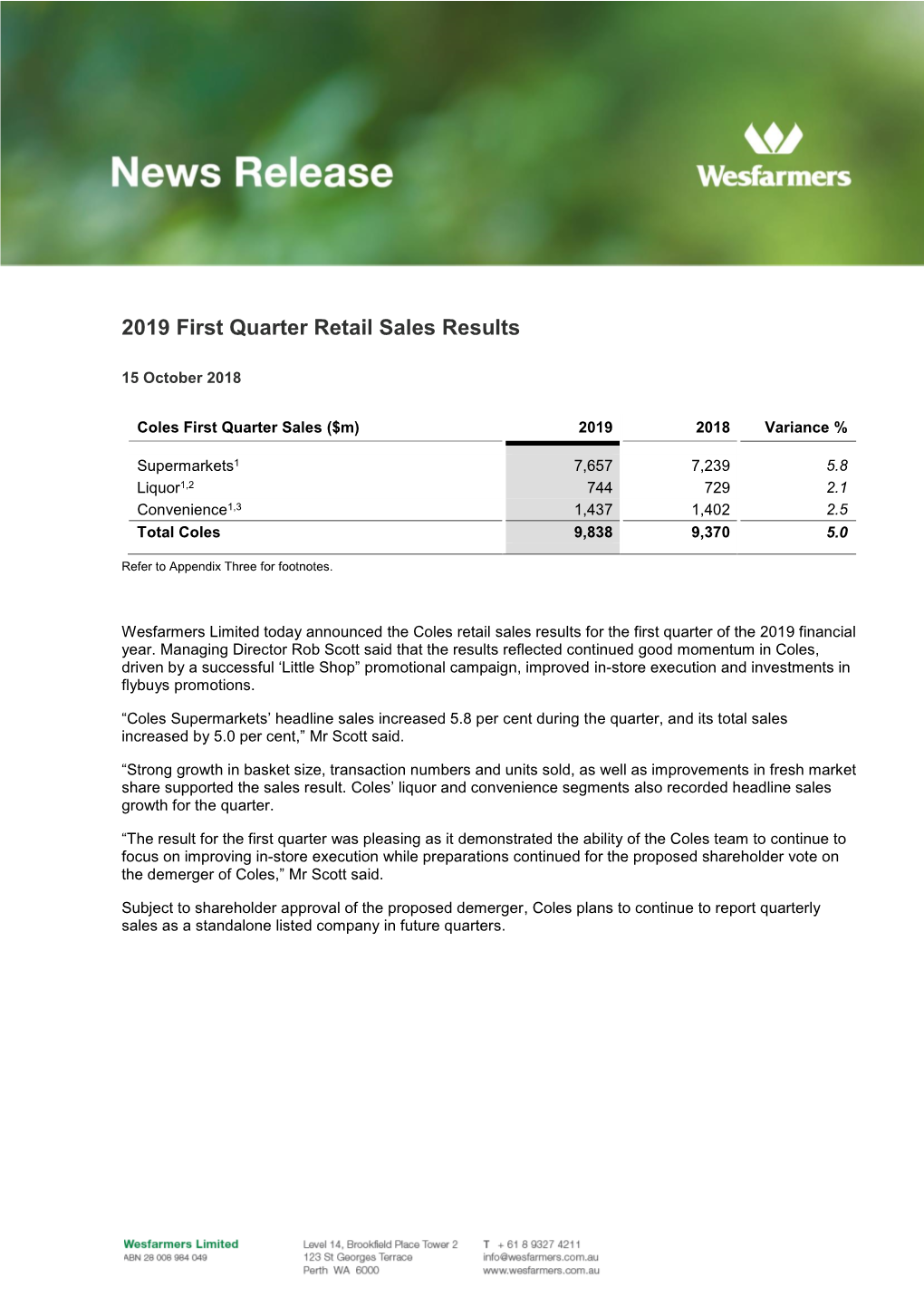 2019 First Quarter Retail Sales Results