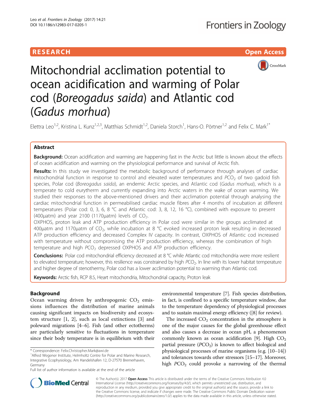 Mitochondrial Acclimation Potential to Ocean Acidification and Warming of Polar Cod (Boreogadus Saida) and Atlantic Cod (Gadus Morhua) Elettra Leo1,2, Kristina L