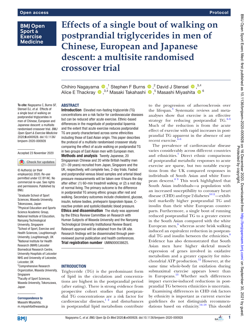 Effects of a Single Bout of Walking on Postprandial Triglycerides in Men of Chinese, European and Japanese Descent: a Multisite Randomised Crossover Trial