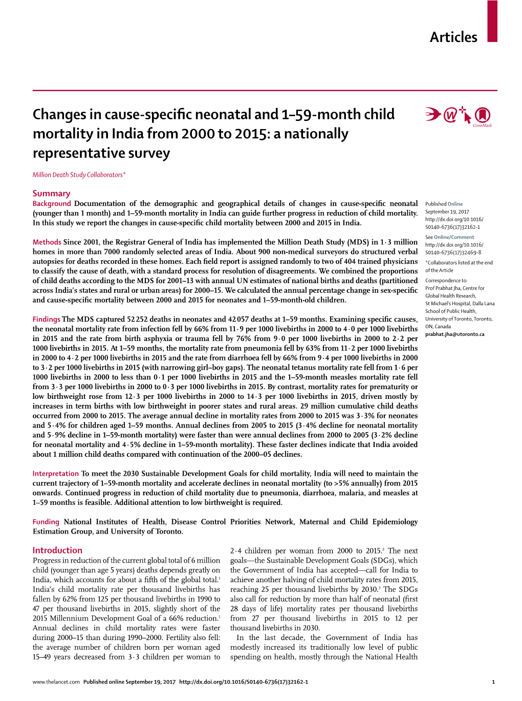 Changes in Cause-Specific Neonatal and 1–59-Month Child Mortality in India from 2000 to 2015: a Nationally Representative Survey