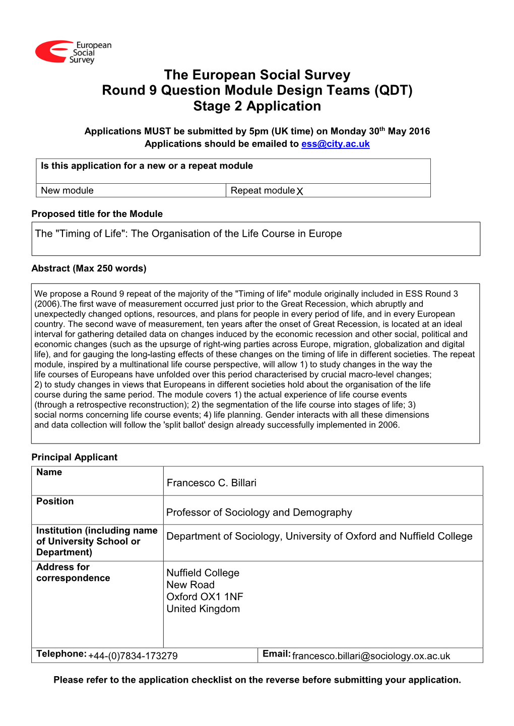 The European Social Survey Round 9 Question Module Design Teams (QDT) Stage 2 Application