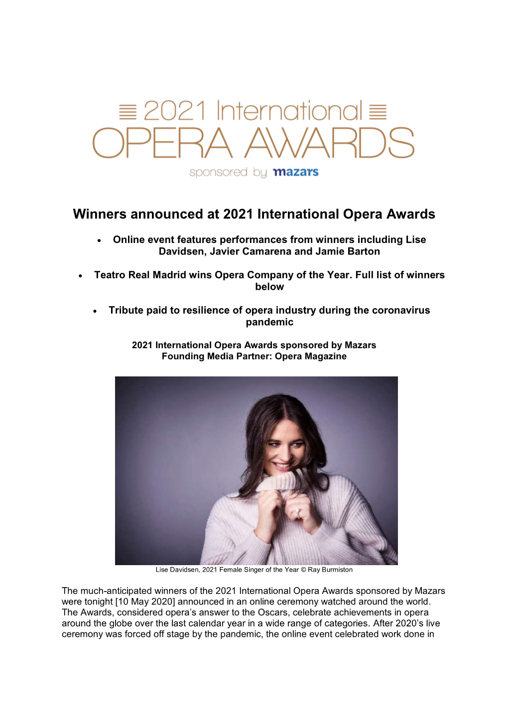 Winners Announced at 2021 International Opera Awards