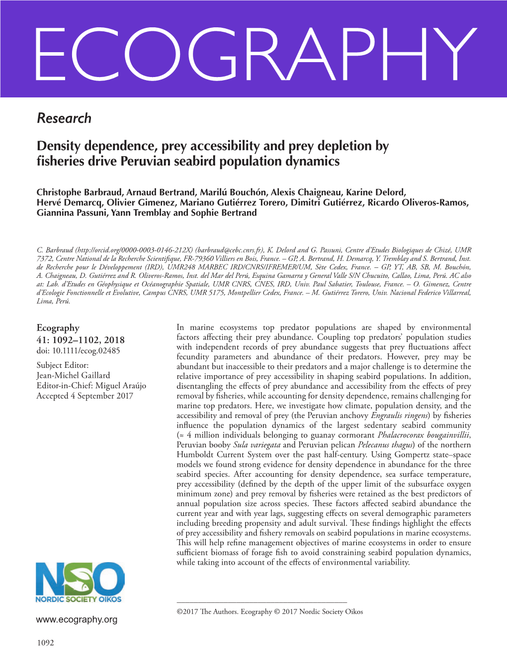 Research Density Dependence, Prey Accessibility and Prey Depletion by Fisheries Drive Peruvian Seabird Population Dynamics