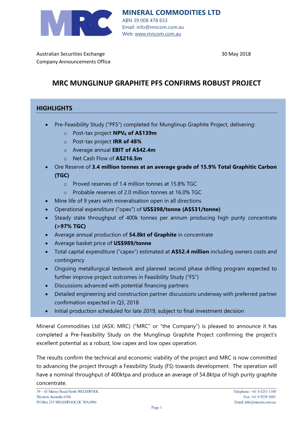 Munglinup Graphite Project Pre-Feasibility Study