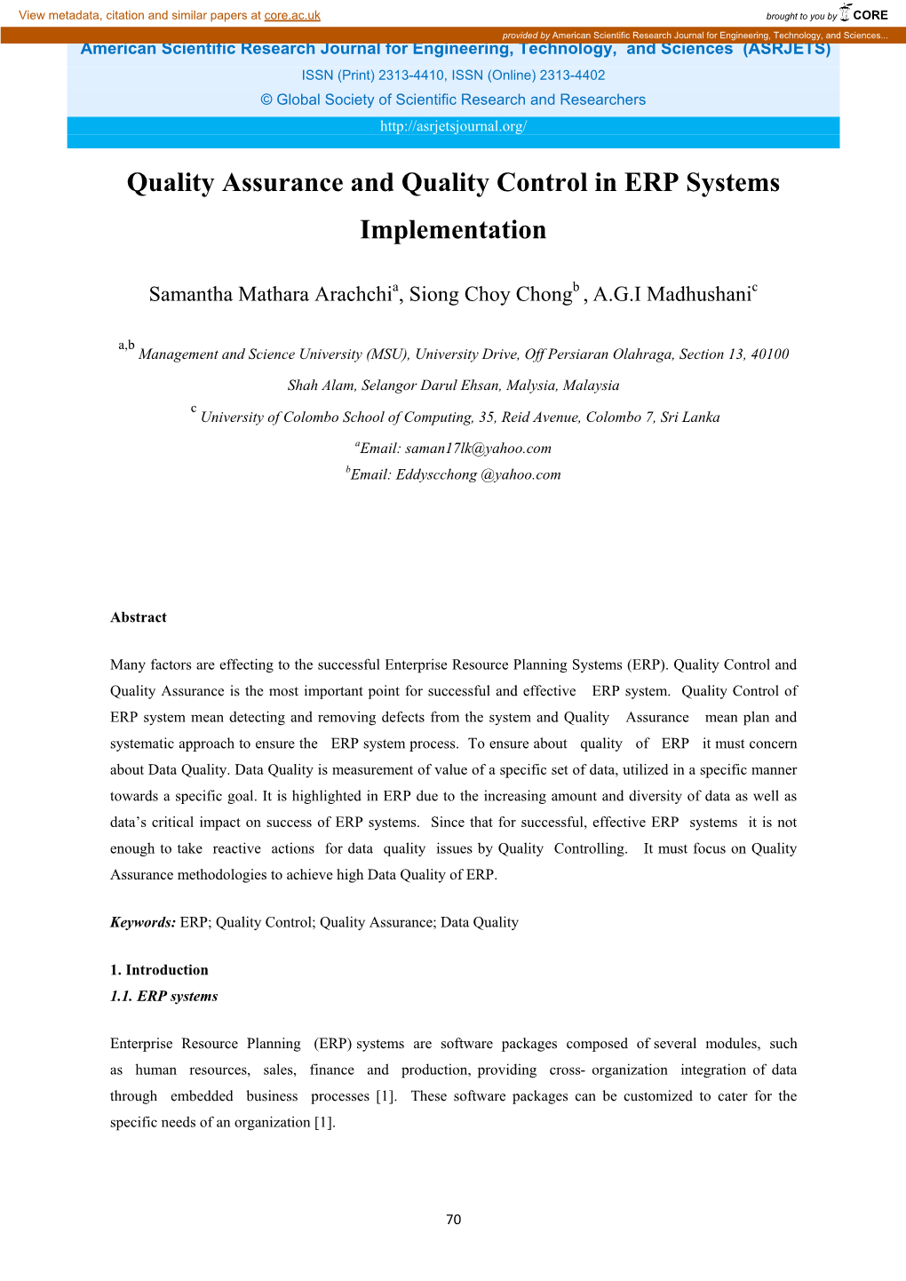 Quality Assurance and Quality Control in ERP Systems Implementation