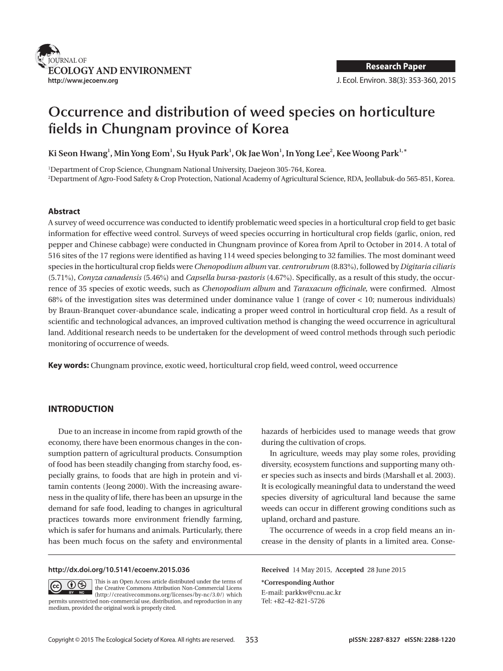 Occurrence and Distribution of Weed Species on Horticulture Fields in Chungnam Province of Korea