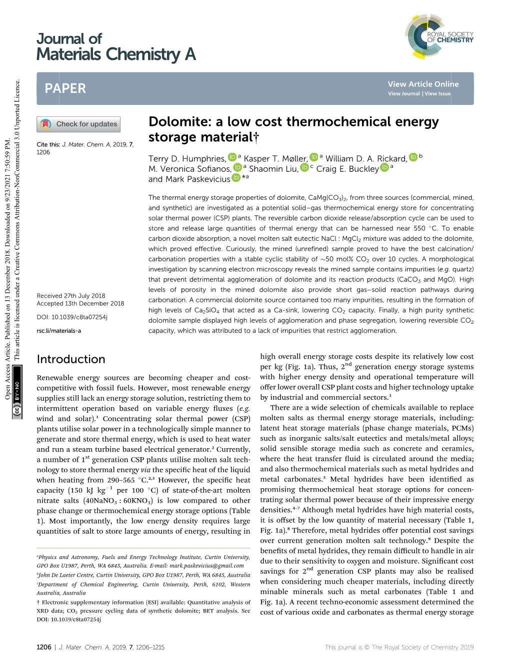 Dolomite: a Low Cost Thermochemical Energy Storage Material† Cite This: J