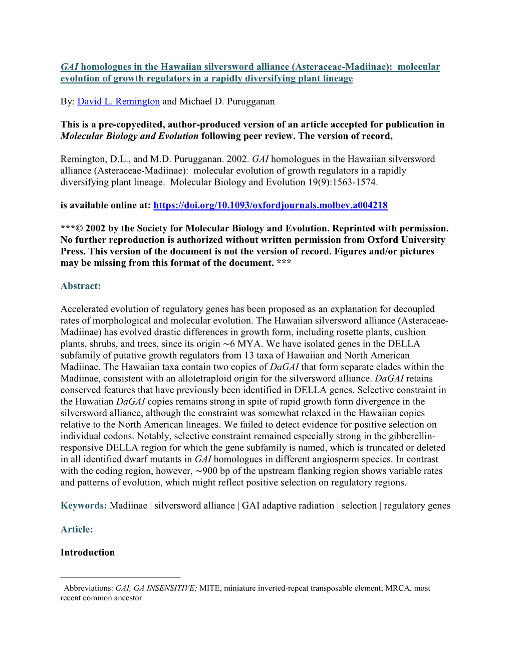 GAI Homologues in the Hawaiian Silversword Alliance (Asteraceae-Madiinae): Molecular Evolution of Growth Regulators in a Rapidly Diversifying Plant Lineage