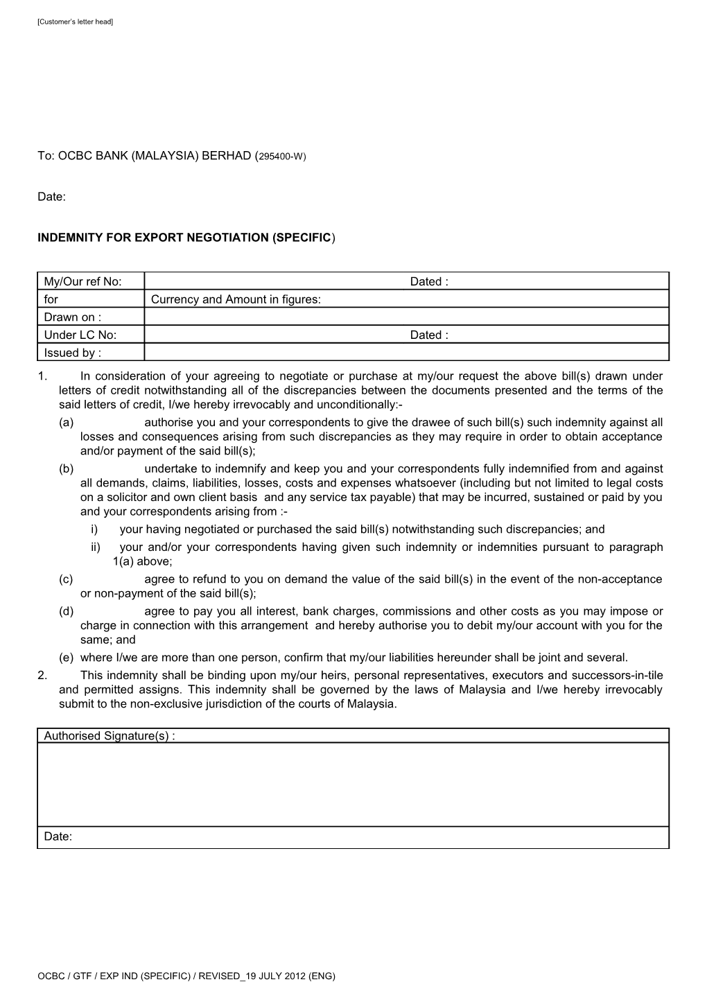 Indemnity for Export Negotiation