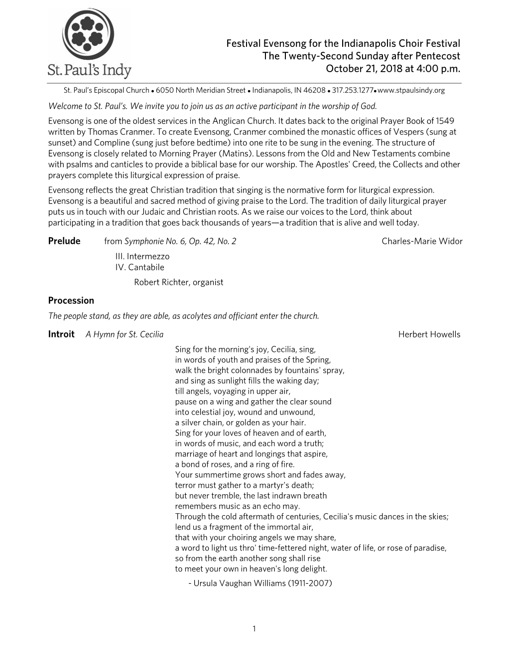 Festival Evensong for the Indianapolis Choir Festival the Twenty-Second Sunday After Pentecost October 21, 2018 at 4:00 P.M