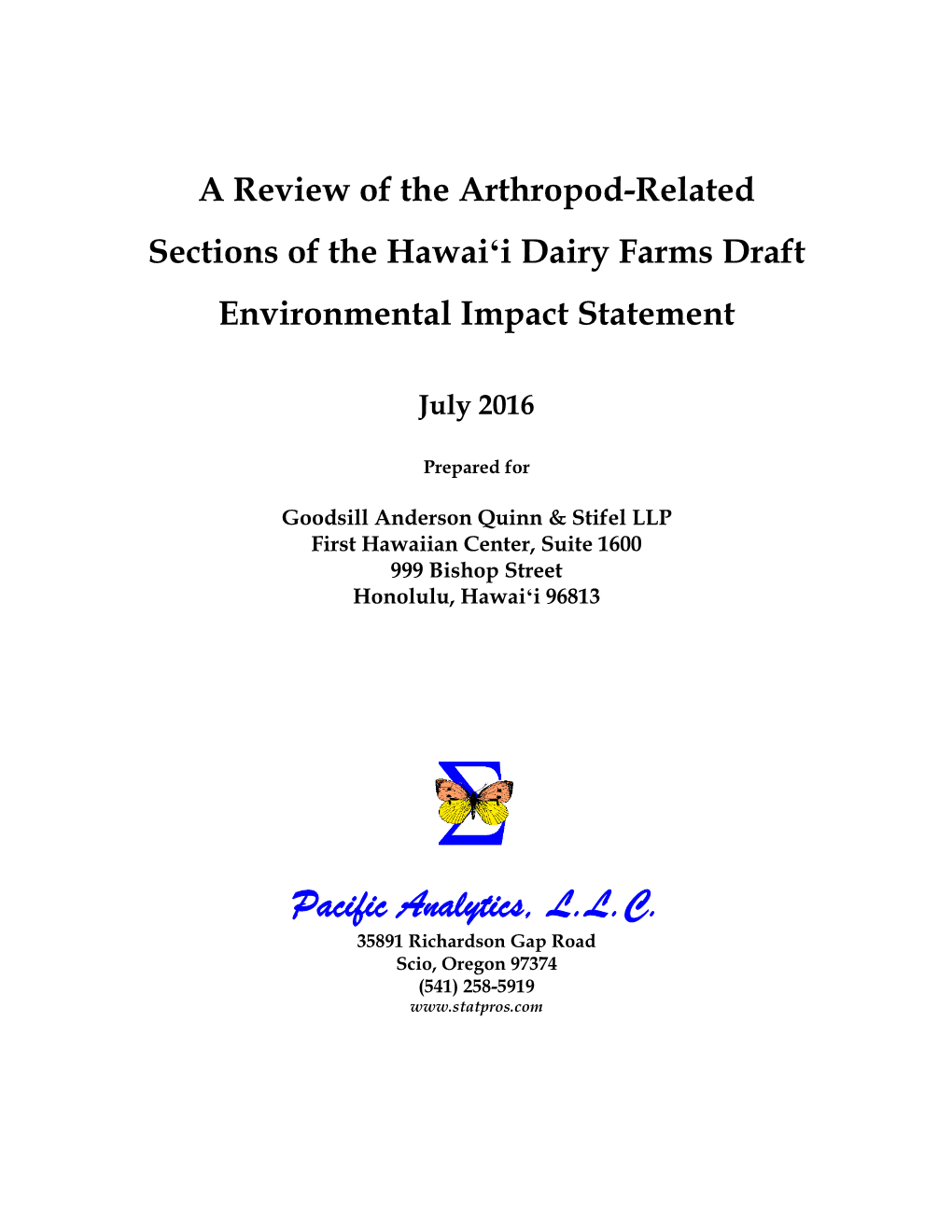 A Review of the Arthropod-Related Sections of the Hawaiʻi Dairy Farms Draft Environmental Impact Statement