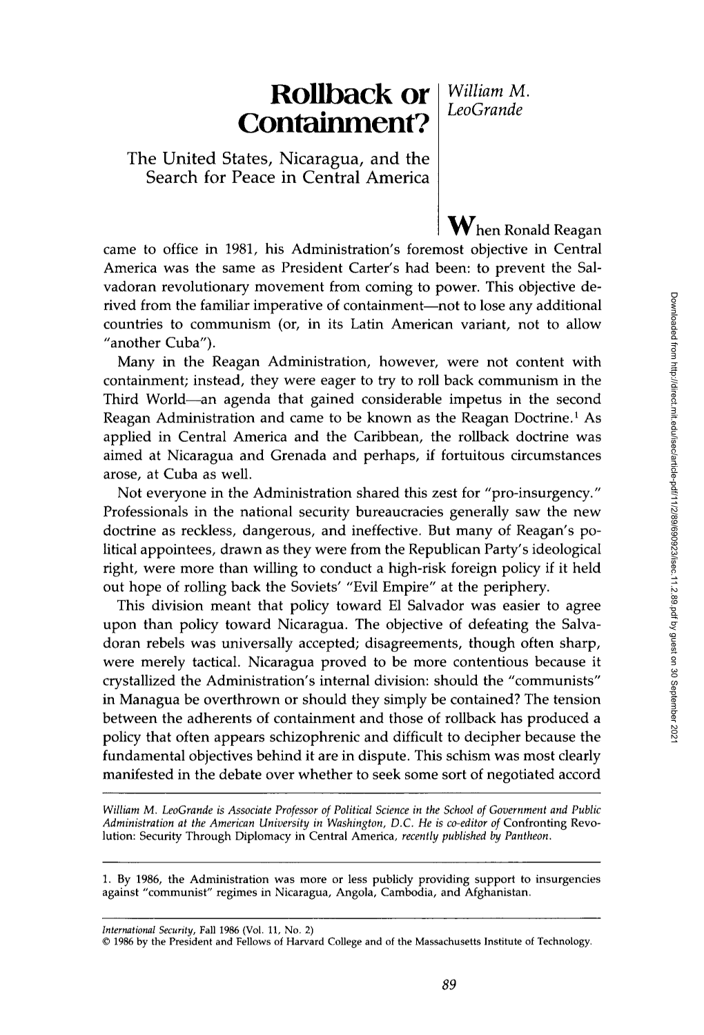 Containment? Leogrande the United States, Nicaragua, and the Search for Peace in Central America