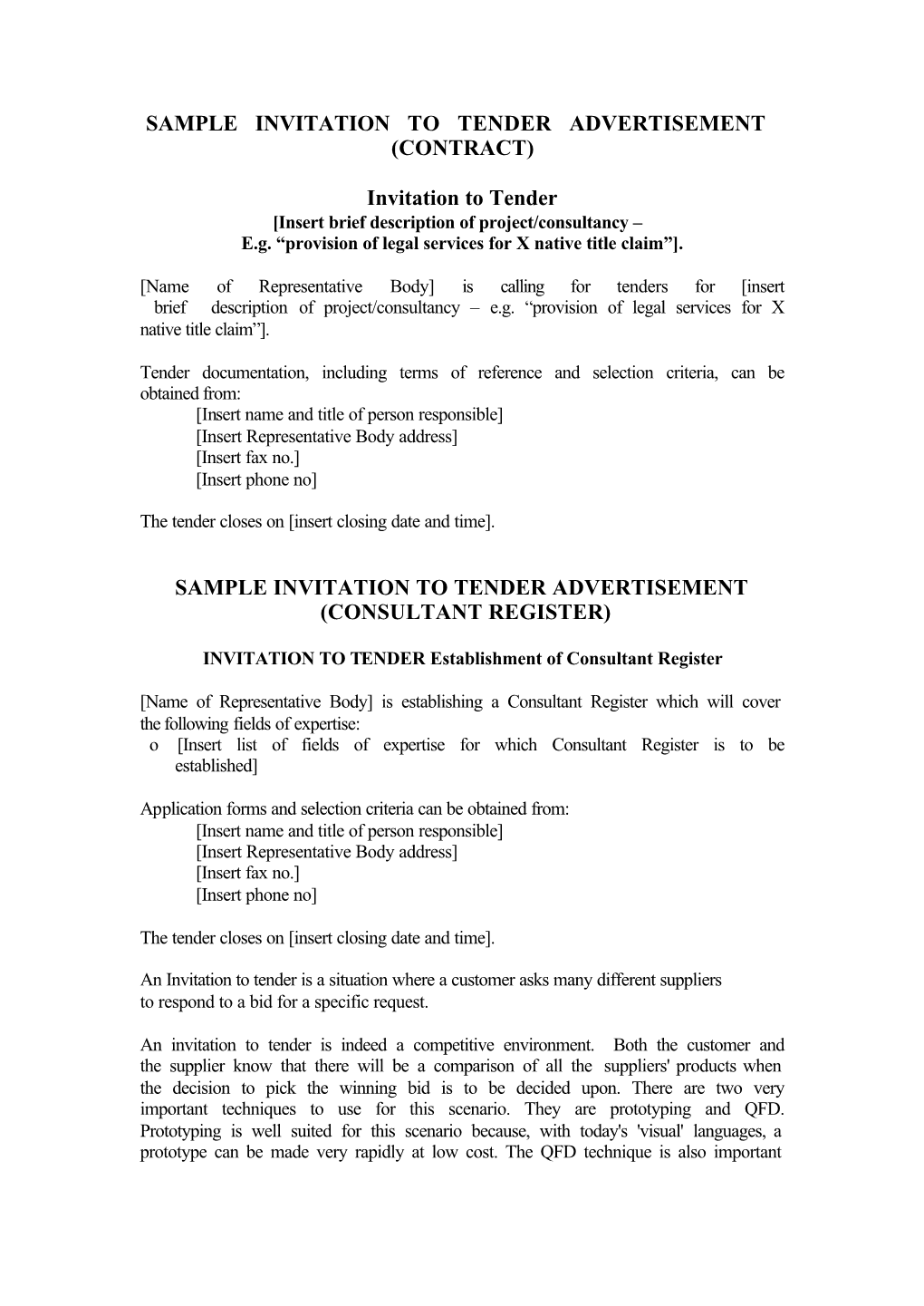 Sample Invitation to Tender Advertisement (Contract)