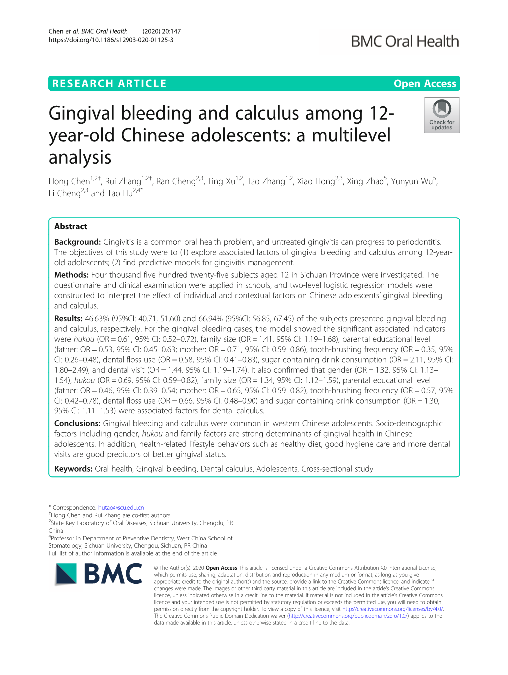 Gingival Bleeding and Calculus Among 12-Year-Old Chinese Adolescents: a Multilevel Analysis