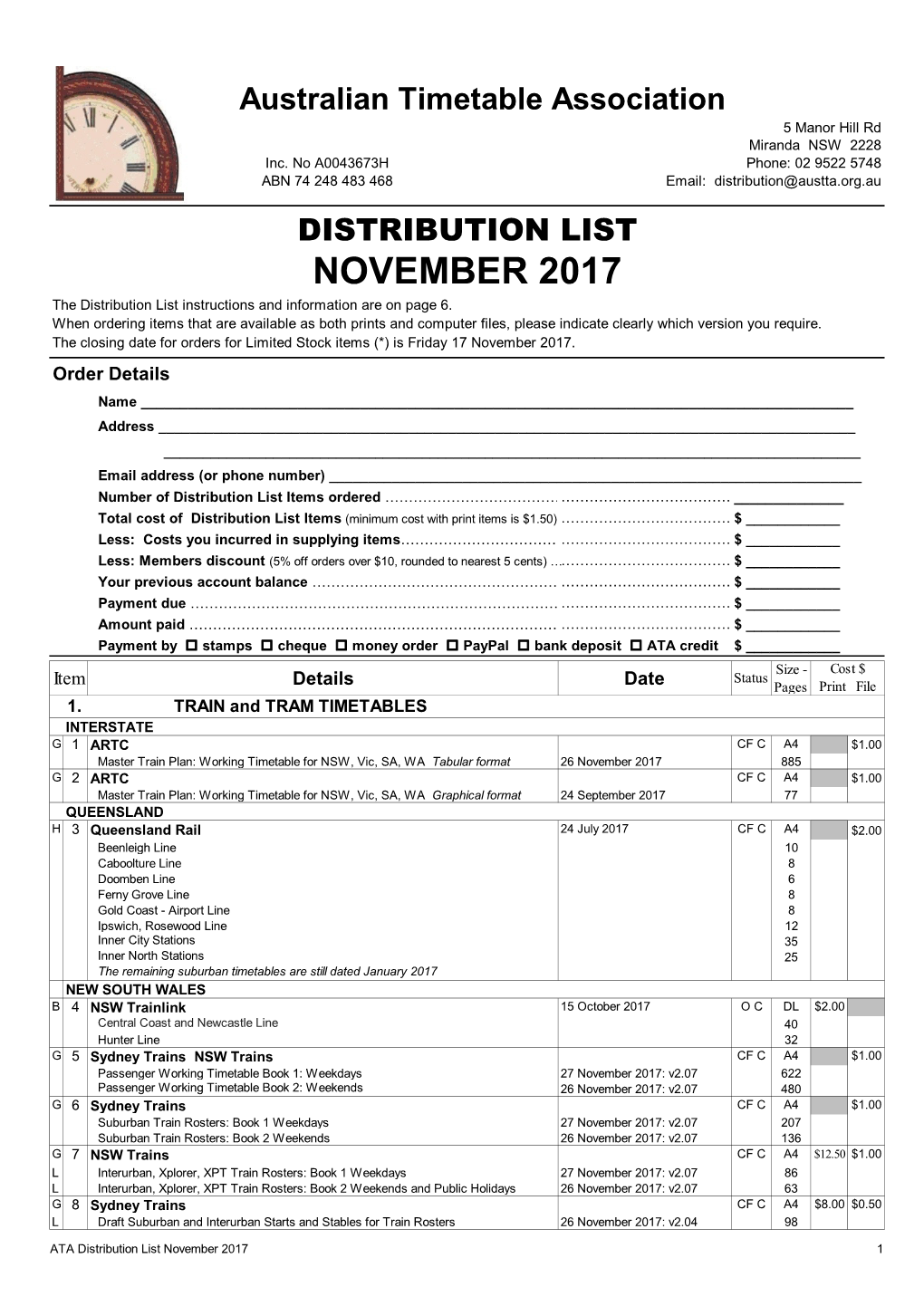 NOVEMBER 2017 the Distribution List Instructions and Information Are on Page 6