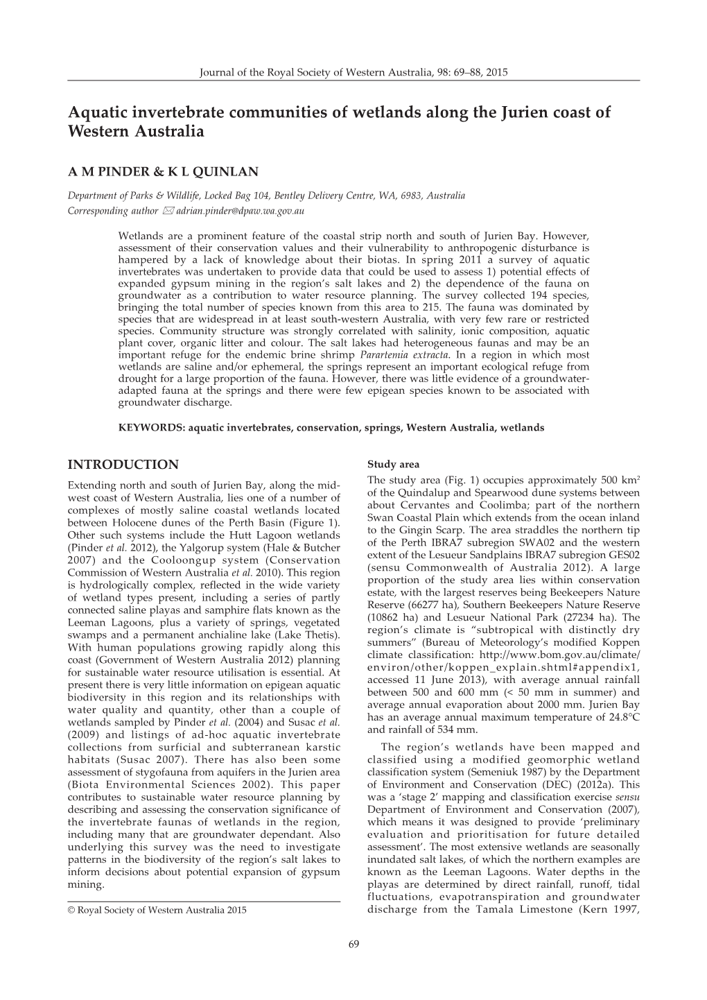 Aquatic Invertebrate Communities of Wetlands Along the Jurien Coast of Western Australia