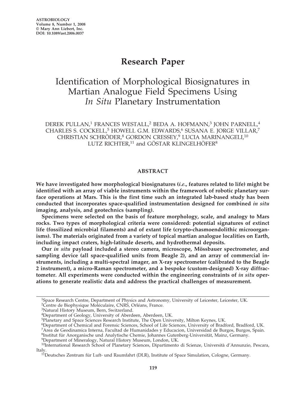 Identification of Morphological Biosignatures in Martian Analogue Field Specimens Using in Situ Planetary Instrumentation