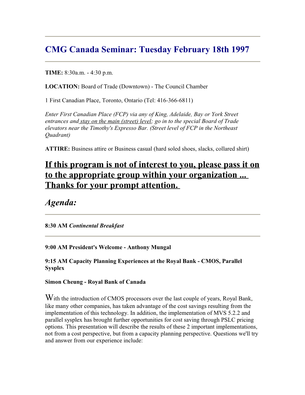 Final Agenda CMG Canada Seminar: November 6Th 2001 (Toronto)